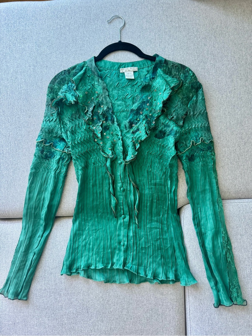 Alberto Makali Emerald Green Ruffled Long-Sleeve Blouse